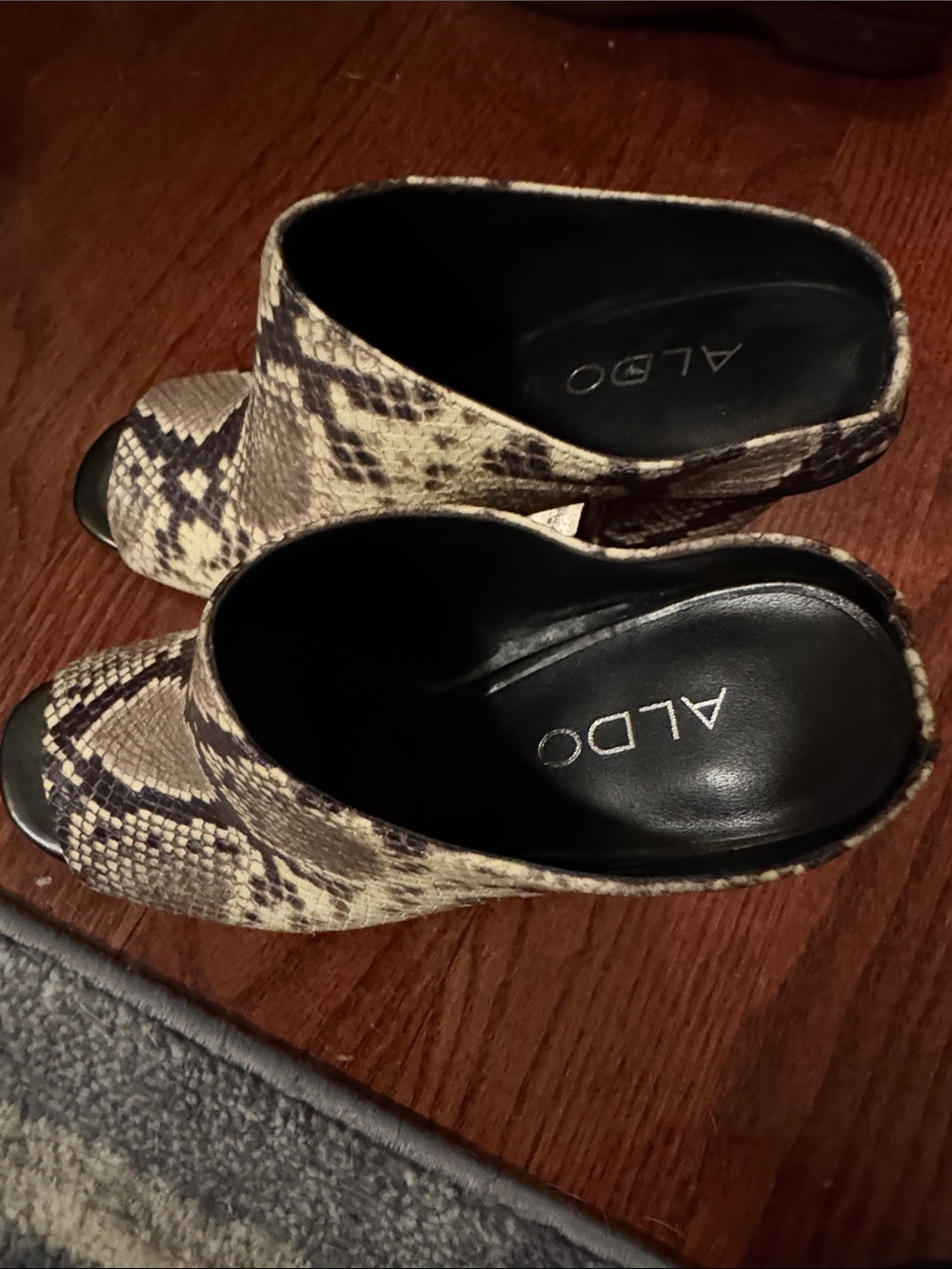 ALDO Snake-Print Open-Toe Mules in Beige and Black